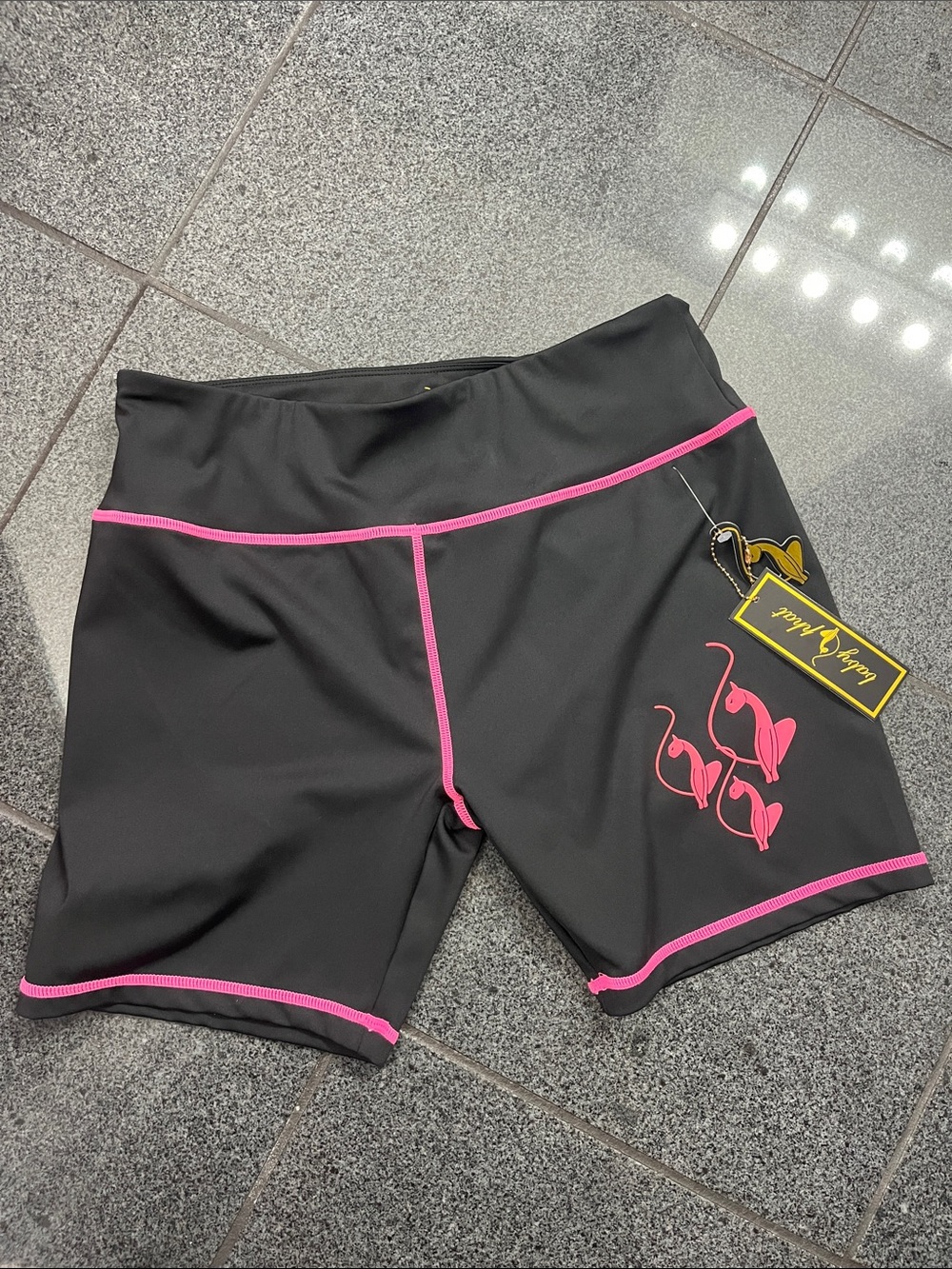 Baby Phat Black Athletic Shorts with Pink Trim & Flamingo Graphic